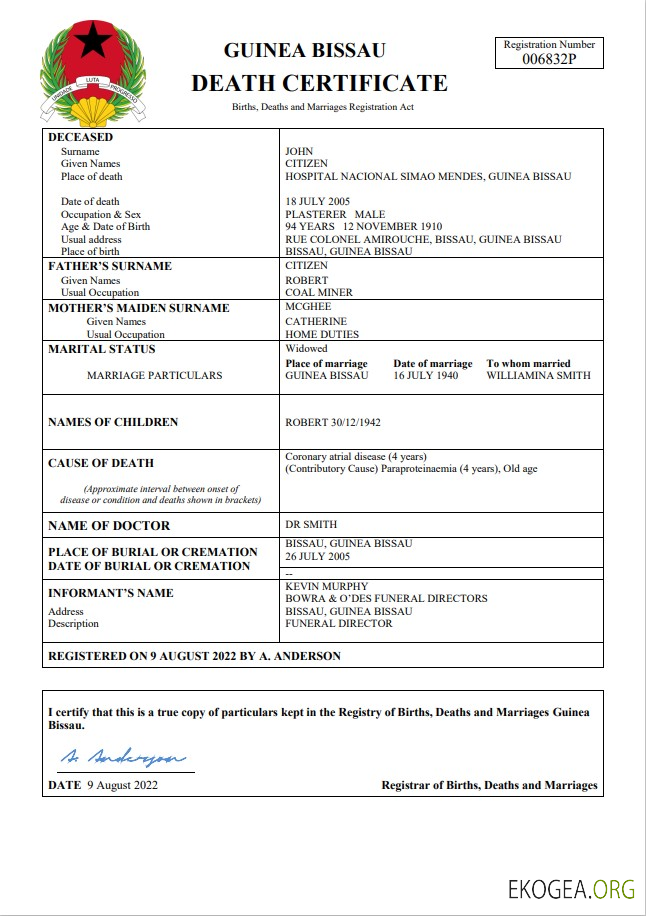 Acte de décès de Guinée Bissau